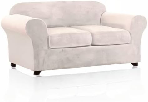 PrinceDeco Velvet Couch Cover Loveseat Covers for 2 Cushion Couch 3 Piece Sofa Covers for Dogs Washable Loveseat Covers Width Up to 72 Inch No Slip Stretch Sofa Slipcover(Medium, Ivory) - Image 8