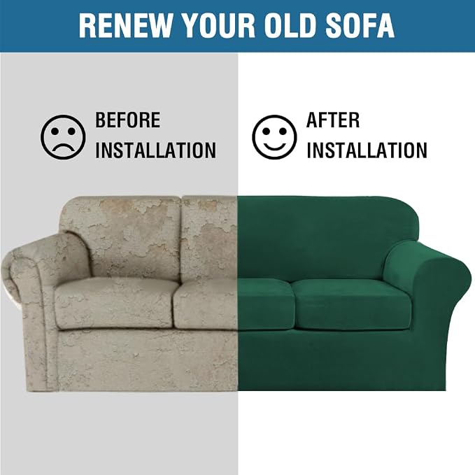 H.VERSAILTEX Modern Velvet Plush 4 Piece High Stretch Sofa Slipcover Sofa Cover Furniture Protector Form Fit Thick Velvet Sofa Cover for 3 Cushion Couch Width Up to 90 Inch (Sofa,Vintage Green) - Image 8
