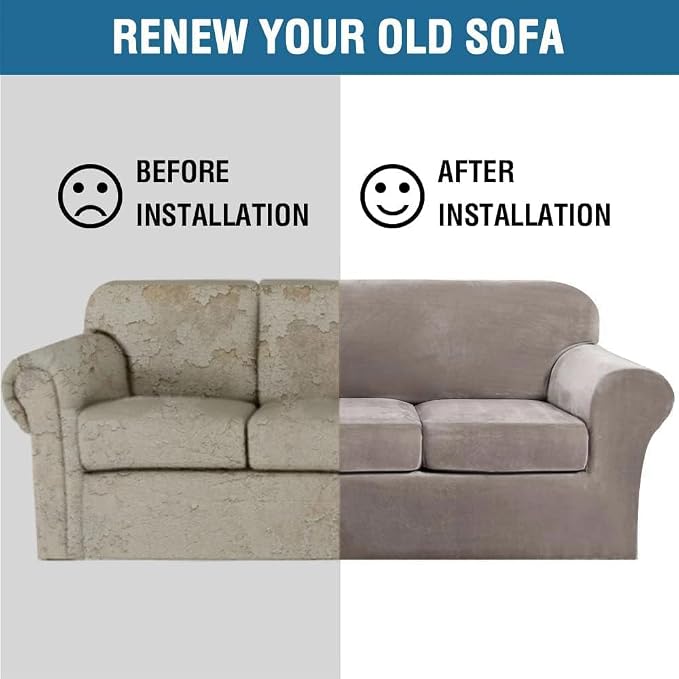 H.VERSAILTEX Velvet 4 Piece High Stretch Sofa Slipcover Cover Furniture Protector Form Fit Luxury Thick Velvet Extra Large Sofa Cover for 3 Cushion Couch Width Up to 105 Inch (XL Sofa, Taupe) - Image 8
