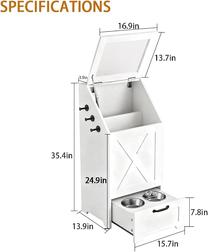 Dog Feeding Station with Storage Cabinet and 2 Elevated Dog Bowls, Hidden Pet Food Storage Organizer for Dog &Cat,Modern Dogs Furniture (White) - Image 9