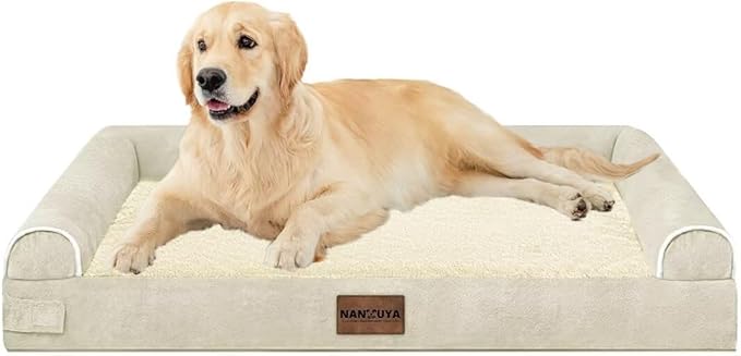 NANUYA Orthopedic Dog Bed for Large Dogs, 36 x 27 Inch, Beige | Egg crate foam for joint support, 3-sided bolster pet sofa, waterproof lining, washable cover, and non-skid base - Image 8