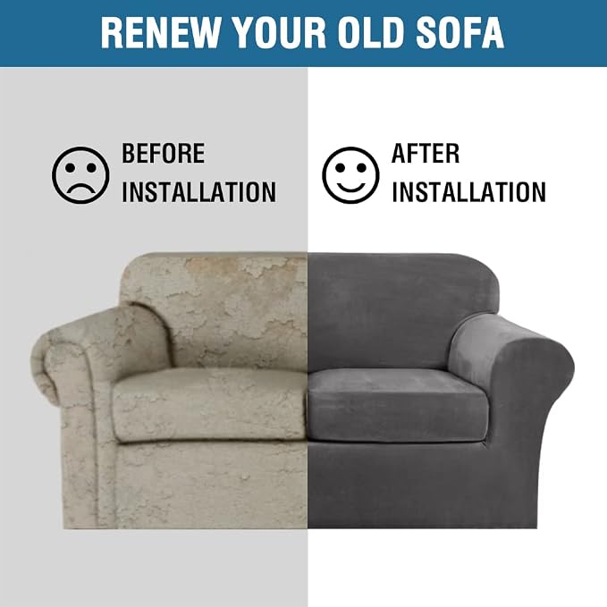 H.VERSAILTEX Real Velvet Plush 3 Piece Stretch Sofa Covers Couch Covers for 2 Cushion Couch Loveseat Covers Width Up to 72 Inch Feature Thick Soft Stay in Place (Medium Sofa, Grey) - Image 8