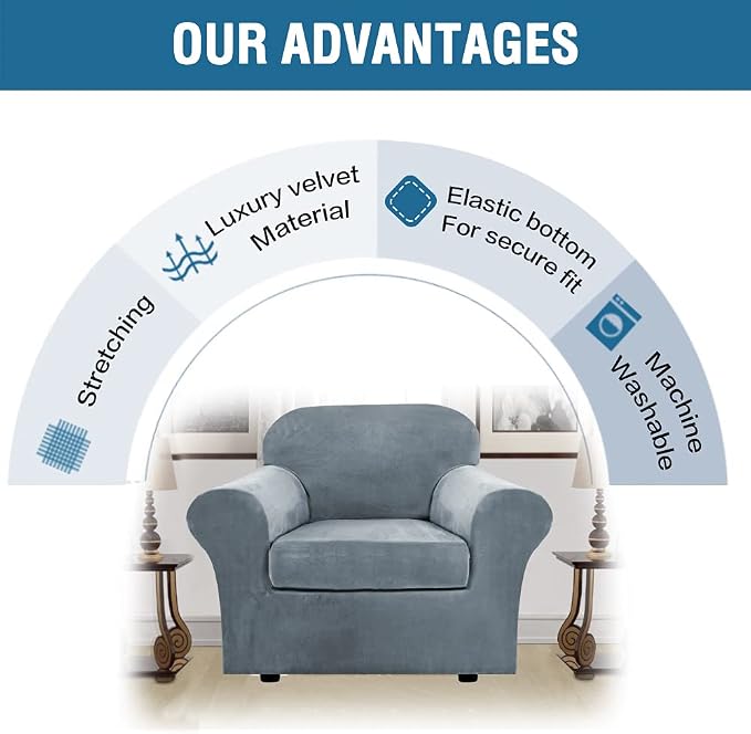 H.VERSAILTEX Rich Velvet Stretch 2 Piece Cover Chair Slipcover Sofa Cover Furniture Protector Couch Soft with Elastic Bottom Chair Couch Cover with Arms Width Up to 49 Inch(Chair, Stone Blue) - Image 8