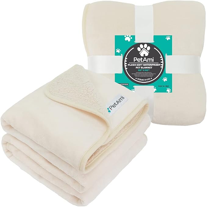 PETAMI Sherpa Fleece Waterproof CAT and Dog Blanket, Beige, Queen - Image 8
