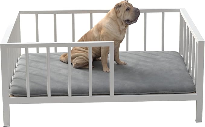 OSCHF Dog Bed with Rails - Elevated Pet Metal Bed Frame with Solid Wood Board and Washable Soft Mat for Medium Dog Indoor or Outdoor Use, 25.2" x 37.8", White - Image 7