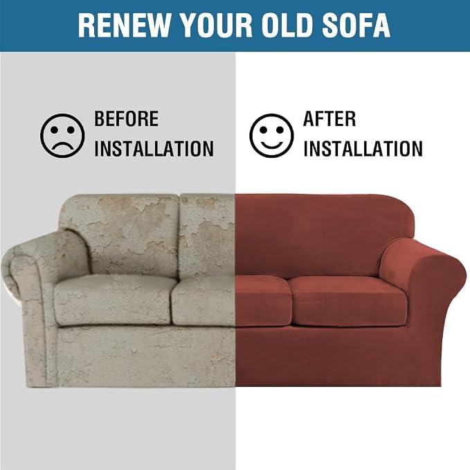H.VERSAILTEX High Stretch Sofa Slipcover 4 Piece Cover Velvet Furniture Protector Form Fit Thick Velvet Extra Large Sofa Cover for 3 Cushion Couch Width Up to 97 Inch (Large Sofa, Rust) - Image 7