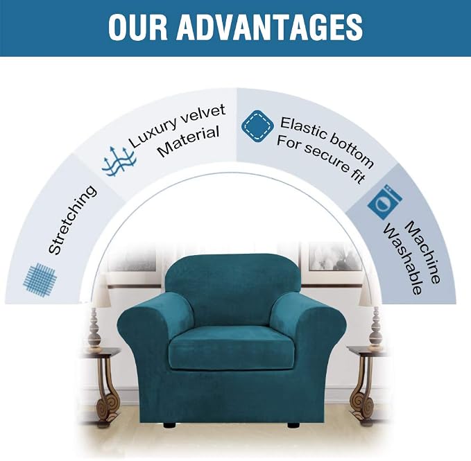 H.VERSAILTEX Rich Velvet Stretch 2 Piece Cover Chair Slipcover Sofa Cover Furniture Protector Couch Soft with Elastic Bottom Chair Couch Cover with Arms Width Up to 49 Inch(Chair, Deep Teal) - Image 8