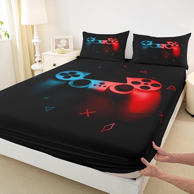 Gaming Bedding Sets for Boys Gamer Sheet Set Queen,Blue Red Gamepad Bed Sheet Sets Kid Men Video Games Fitted Sheet for Teen Child Game Room Decor Black Classic Retro Gaming Flat Sheet with Pillowcase - Image 8