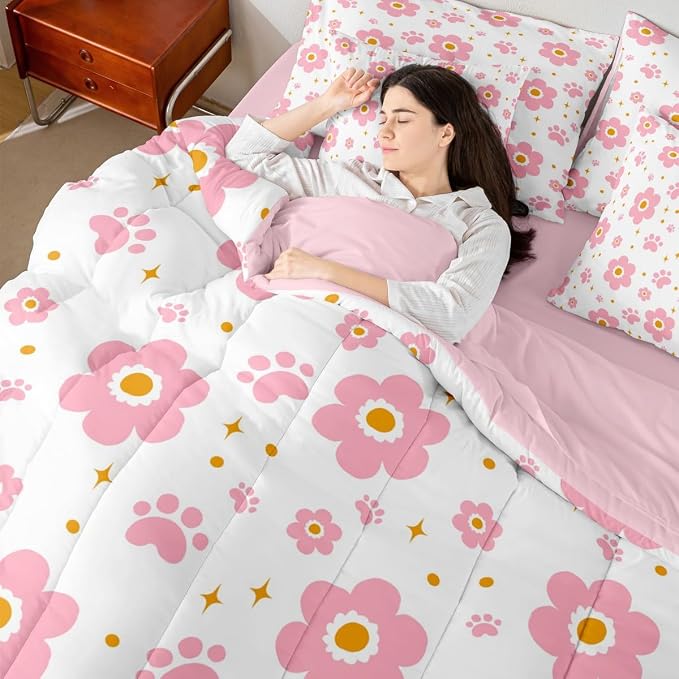Feelyou Pink Flower 7 Piece Bedding Set Cute Dog Paw Print Comforter Set with Sheets for Kids Boys Girls Star Print Bed in a Bag Kawaii Bed Set Soft Lightweight - Image 7