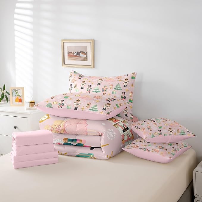 Erosebridal 7Pcs Pink Christmas Comforter Set Twin Size,Christmas Nutcracker Bedding Set,Dreamy Castle Princess Bed in A Bag,Xmas Galaxy Snow Quilt with Flat Fitted Sheet for Kids Boys Girls - Image 6