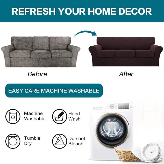 Turquoize 4 Piece Sofa Covers for 3 Cushion Couch Sofa Slipcover Soft Couch Cover for Dogs-Washable Sofa Furniture Covers with 3 Individual Large Cushion Covers Jacquard Fabric (XL Sofa, Brown) - Image 7