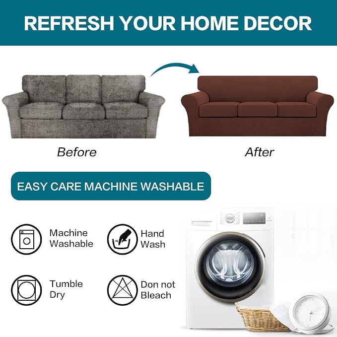 Turquoize 4 Piece Sofa Covers for 3 Cushion Couch Sofa Slipcover Soft Couch Cover for Dogs Washable Furniture Cover with 3 Individual Large Cushion Covers Feature Fabric (Large Sofa, Burnt Brick) - Image 7