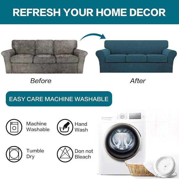 Turquoize 4 Piece Sofa Covers for 3 Cushion Couch Sofa Slipcover Soft Couch Cover for Dogs-Washable Sofa Furniture Covers with 3 Individual Large Cushion Covers Jacquard Fabric(XL Sofa,Deep Teal) - Image 7