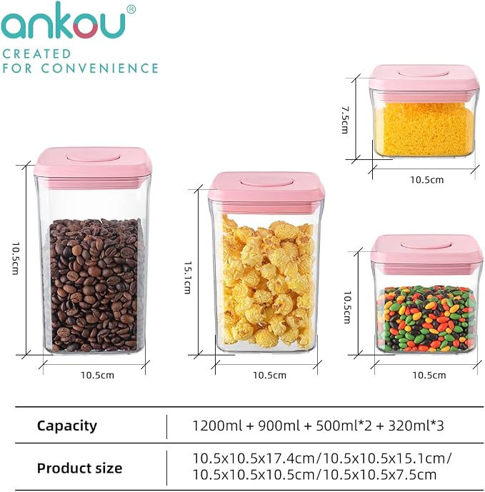 Ankou Airtight Food Storage Container - 7 Pcs One Button Handy Container Stackable Food Containers for Snacks Candy Salt Herbs Spices Coffee Bean Formula Popcorn BPA-Free Tight Seal - Image 6