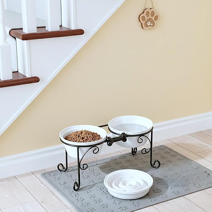 Elevated Dog Bowl Stand with 3 Large Ceramic Bowls – Raised Feeding Station for Medium & Large Dogs, Includes 2 Standard Bowls + 1 Slow Feeder, Durable Iron Frame, Non-Slip (White) - Image 12