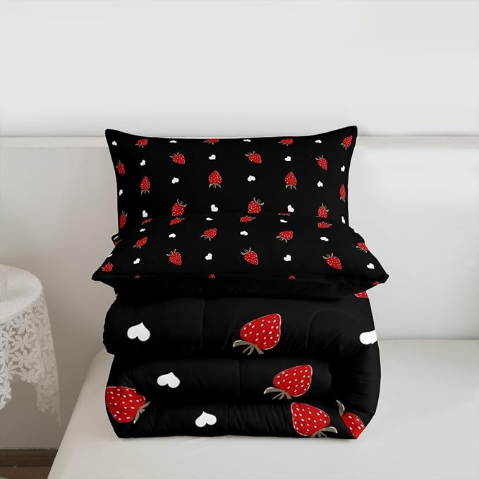 Kawaii Bedding Strawberry Comforter Set Twin Size Strawberry Decor Down Comforter Red Strawberry Bedding Set Cute Fruits Theme Sweet Strawberry Quilt Set Soft Reversible With 1 Pillowcase, Red Black - Image 7
