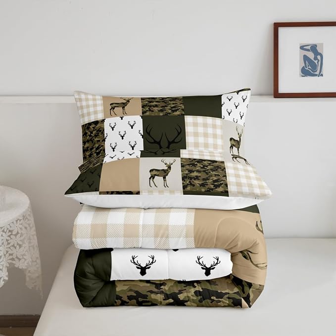 Homewish Camouflage Comforter Set Queen Size Woodland Camo Quilt Set Green and Beige Plaid Print Bedding Set 3pcs for Kids Boys Teens Room Decor, Animal Deer Antlers Duvet Insert with 2 Pillowcases - Image 9