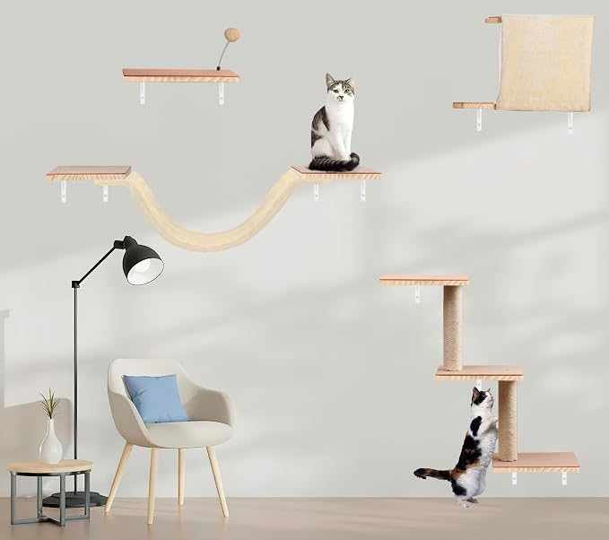 Cat Shelves for Wall,Solid Wood Cat Wall Furniture with Scratching Post,Hammock,Jumping Boards,Steps,Condo and Felt Pads, Suit for Cats Climb, Jump, Nap, Scratch-Beige - Image 7