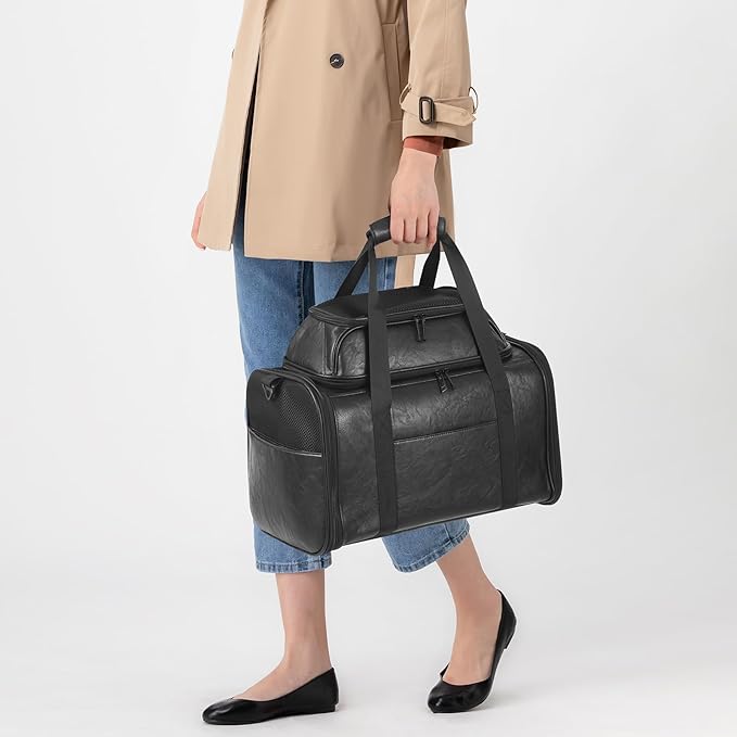 Premium Leather Top Expandable Pet Carrier for Small Dogs & Cats Under 15 lbs, Airline Approved Collapsible Soft-Sided Luxury Travel Bag Black