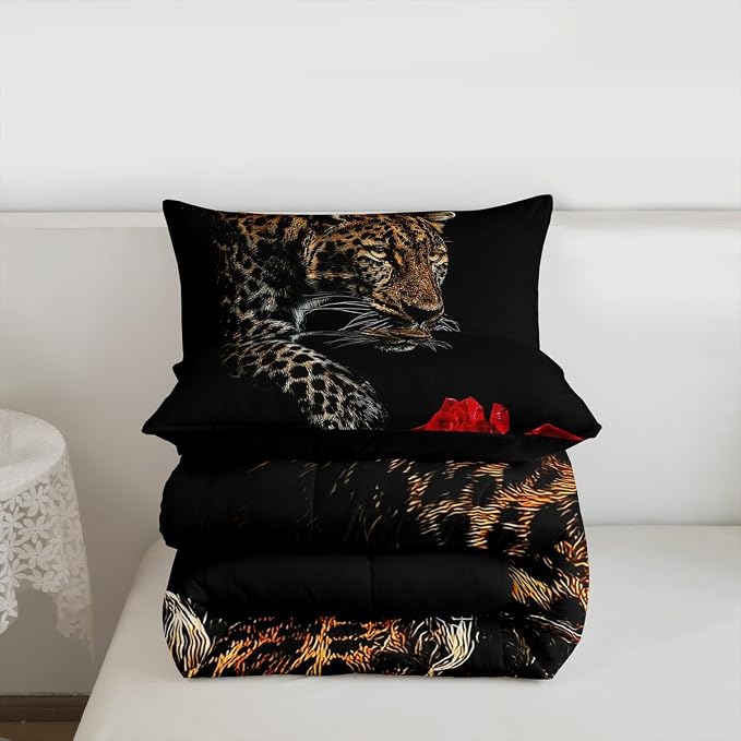 Erosebridal Leopard Comforter Set Queen Size,Red Rose Cheetah Bedding Set,Cat Leopard Print Down Comforter, Romantic Floral Quilted Duvet, Safari Animal Quilt Set, Stylish Bedroom Decor, Black - Image 7