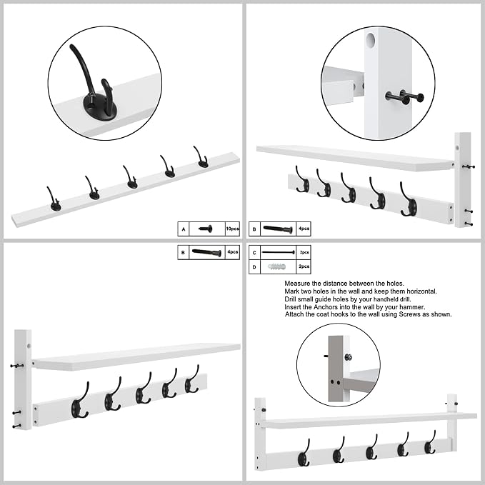 AMBIRD Wall Hooks with Shelf | Entryway Hanging Wood Coat Hooks | Wall-Mounted Rack with 5 Dual Hooks | Bathroom, Living Room, Bedroom (Modern). - Image 7