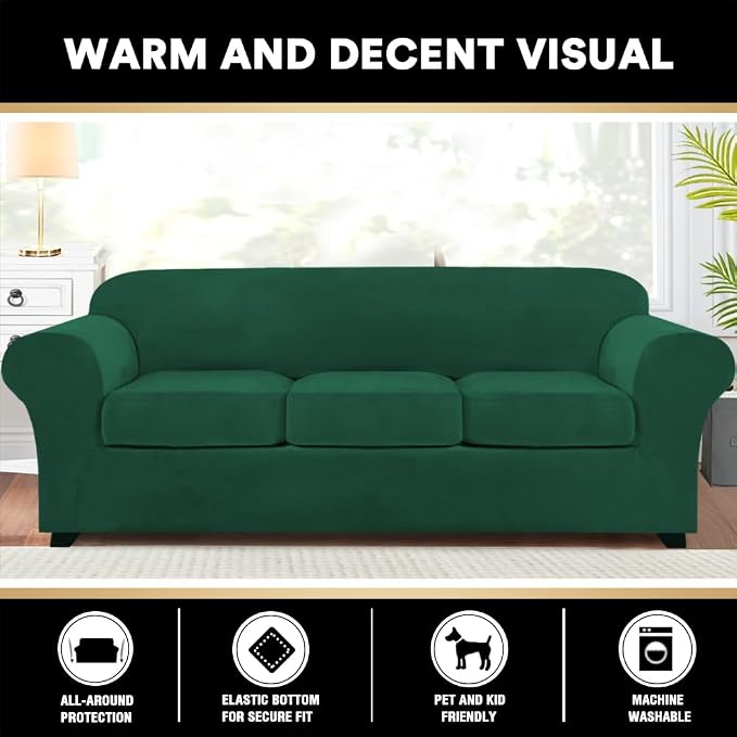 PrinceDeco Velvet Couch Covers for Sofa Soft 4 Pieces Couch Covers for 3 Cushion Couch Sofa Pet Friendly Furniture Protector with Non Slip Elastic Bottom Width Up to 97 Inch (Large Sofas, Green) - Image 7