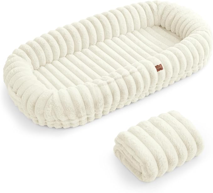 ChiXnuggle Orthopedic Human Dog Bed,Striped Faux Fur Washable Cover,Blanket | cream,72*40*10,giant dog bed for adult or extra large dogs,egg crate foam,non-slip bottom - Image 9