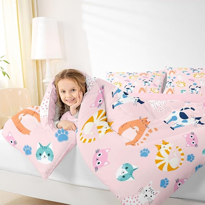 Feelyou Queen Size Cute Colorful Cat Bedding for Kids Teen Girls Room Decor Cat Comforter Set Kawaii Pink Kitten Quilt Feline Paw Bed Sets Ultra Soft Microfiber with 3 Piece - Image 7