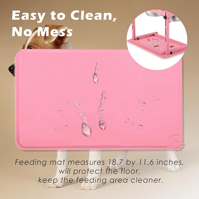 SHAINFUN Pink Elevated Dog Bowl Stand with Two 1700ml Stainless Steel Food Bowls, Slow Feeder and Spill Proof Mat, Adjustable Feeder for Large, Medium and Small Dogs - Image 6