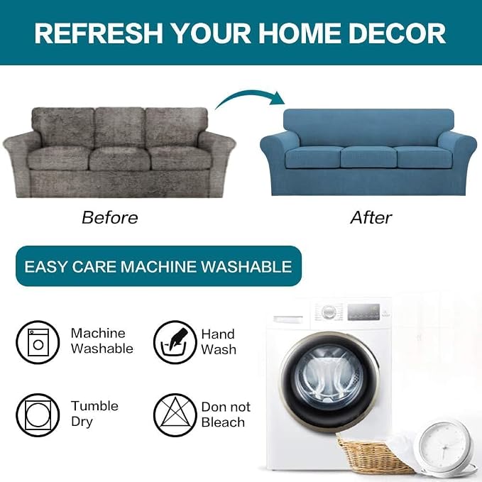 Turquoize 4 Piece Sofa Covers for 3 Cushion Couch Sofa Slipcover Soft Couch Cover for Dogs Washable Furniture Cover with 3 Individual Large Cushion Covers Feature Fabric (Large Sofa, Dusty Blue) - Image 7