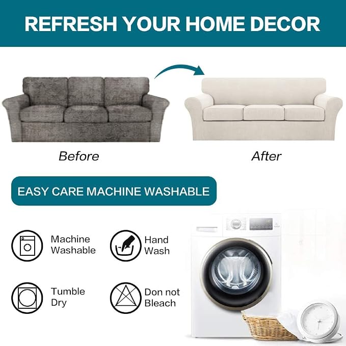 Turquoize 4 Piece Sofa Covers for 3 Cushion Couch Sofa Slipcover Soft Couch Cover for Dogs Washable Furniture Cover with 3 Individual Large Cushion Covers Feature Fabric (Large Sofa, Ivory) - Image 8