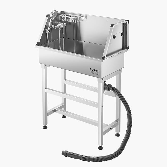 VEVOR Professional Dog Washing Station, 34 Inch Stainless Steel Pet Grooming Tub with Hot & Cold Faucet, Showerhead, Storage Rack, No-Bend All-in-One Bathtub, Home Wash Sink, Fits Small Cats and Dogs - Image 12