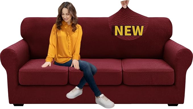 XINEAGE 2026 New 4 Pieces Couch Covers for 3 Cushion Couch Super Stretch Thick Soft Sofa Cover Anti Slip Sofa Slipcover Dogs Cats Furniture Protector (Wine Red, 71"-91") - Image 9
