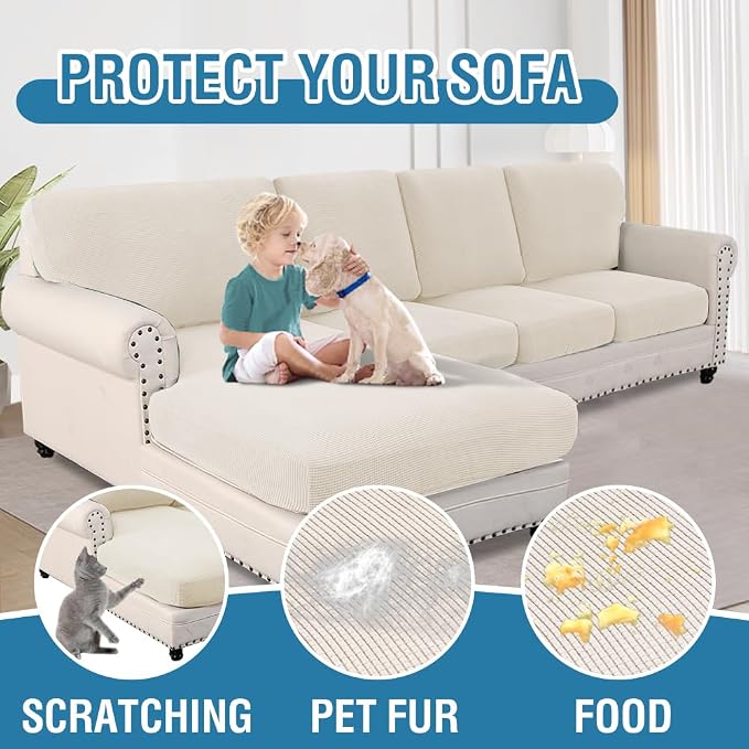 H.VERSAILTEX Sectional Couch Covers 8 Pieces Stretch Sofa Covers for Sectional Sofa Set Separate L Shaped Couch Cover for Both Left/Right Couch (Seat and Back: 1 Chaise + 3 Sofa, Ivory) - Image 7