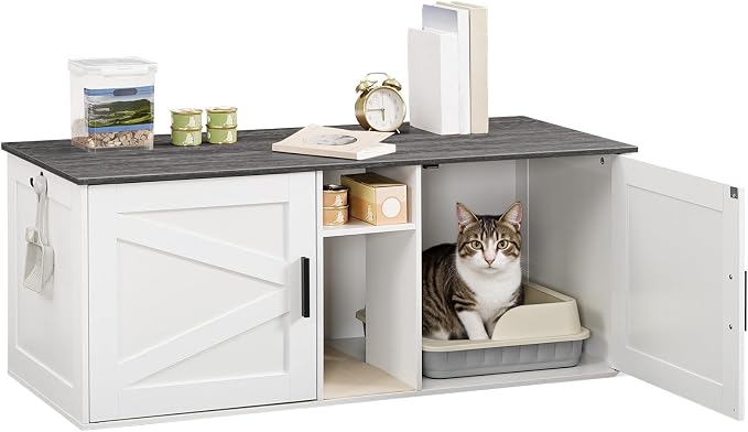 HOOBRO Double Litter Box Enclosure, Modern Cat Litter Box Furniture with Storage and Mat Design, Farmhouse Hidden Litter Box Enclosure with 2 Hooks, White and Charcoal Gray BW23MW01 - Image 9