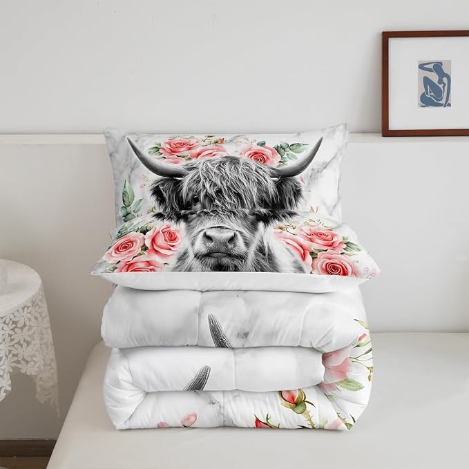 Erosebridal Highland Cow Flower Comforter Set Twin Size Bull Cattle Bedding Set Western Funny Animal Bedding Set Wildlife Farmhouse Cow Quilt Set Rose Grey Marble Comforter Set - Image 7
