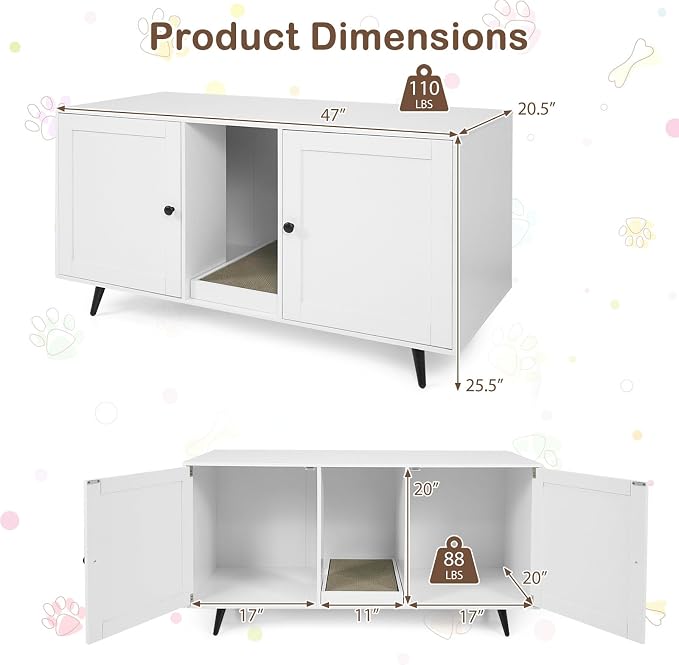 Tangkula Double Cat Litter Box Enclosure, Large Hidden Wooden Cat Cabinet for 2 Cats with Scratching Pad, Double Rooms, Versatile TV Stand Side Table for Indoor Living Room (White) - Image 9