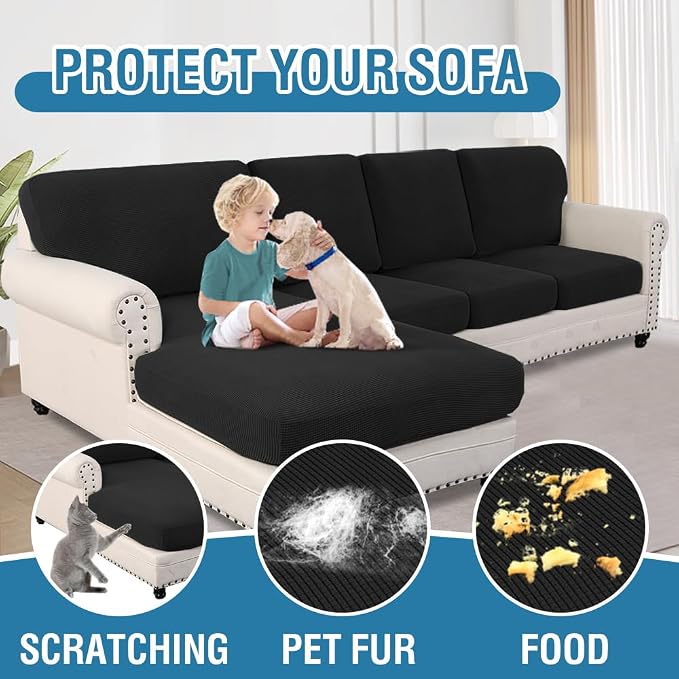 H.VERSAILTEX Sectional Couch Covers 8 Pieces Stretch Sofa Covers for Sectional Sofa Set Separate L Shaped Couch Cover for Both Left/Right Couch (Seat and Back: 1 Chaise + 3 Sofa, Black) - Image 7