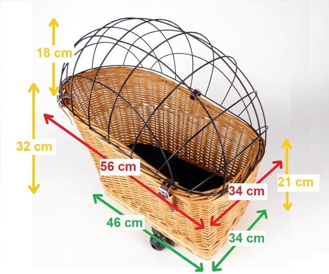 Natural Wicker Dog Bike Basket - 100% Organic Rattan Pet Carrier with Protective Grille - Eco Friendly Design - Soft Cotton Cushion & Mounting Bracket for Secure Bicycle Rear Luggage Rack