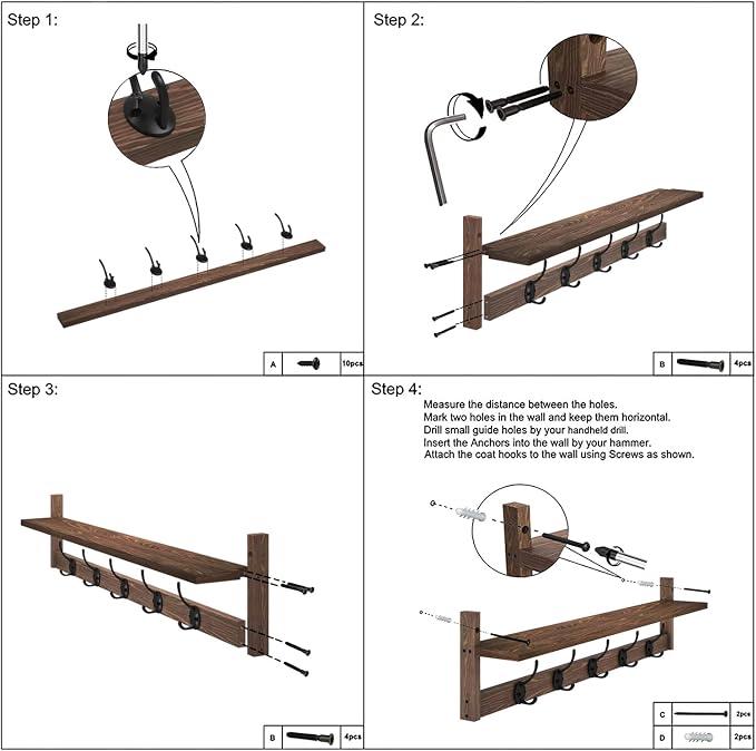 AMBIRD 28.9 Inch Length Shelf with Hooks Entryway Coat Rack Wall Mount Wood Coat Hooks with Shelf Wall-Mounted Coat Hook Rack with 5 Dual Hooks for Bathroom, Living Room, Bedroom (Brown) - Image 7