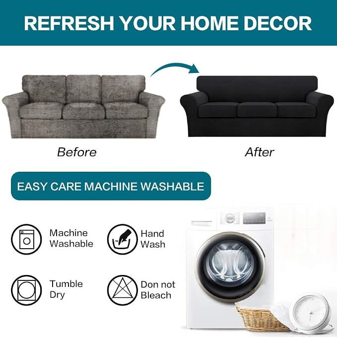 Turquoize 4 Piece Sofa Covers for 3 Cushion Couch Sofa Slipcover Soft Couch Cover for Dogs Washable Furniture Cover with 3 Individual Large Cushion Covers Feature Fabric (Large Sofa, Black) - Image 7