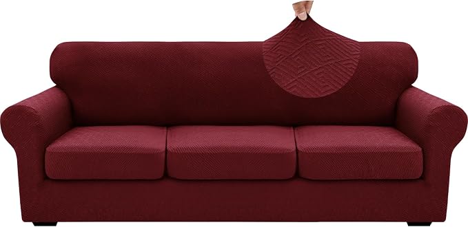 XINEAGE 2026 New 4 Pieces Extra Large Couch Covers for 3 Cushion Sofa Super Stretch Sofa Cover for 3 Large Seat Cushion Universal Fitted Slip Cover for Living Room (Wine Red), 91"-110"(3 Cushions) - Image 9