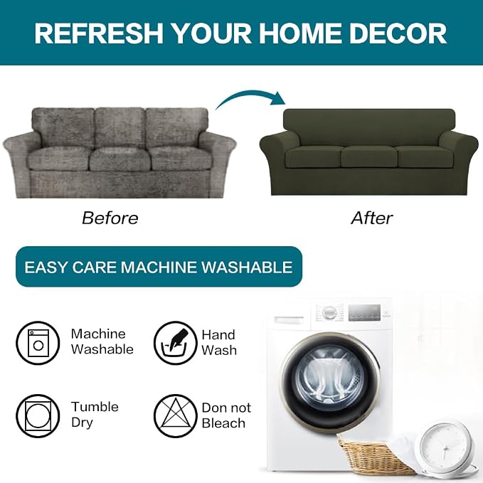 Turquoize 3 Piece Sofa Covers for 2 Cushion Couch Sofa Slipcover Soft Couch Cover for Dogs-Washable Sofa Furniture Cover with 2 Individual Cushion Covers, Feature Fabric (2 Cushion Sofa, Olive) - Image 7