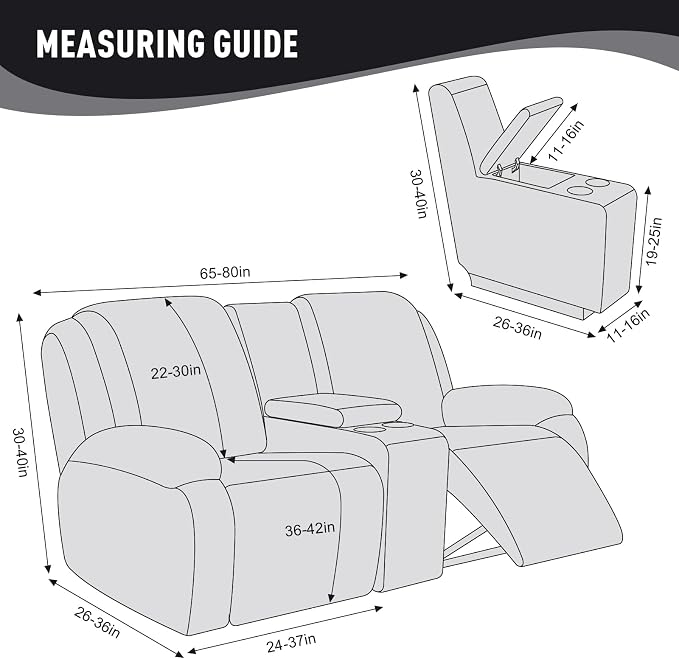 KinCam Loveseat Recliner Covers with Middle Console Slipcover, Black | Stretch Recliner Sofa Covers for 2 Seat Couch Cover, Jacquard Furniture Protector Covers with Elastic Bottom for Kids, Pets - Image 6