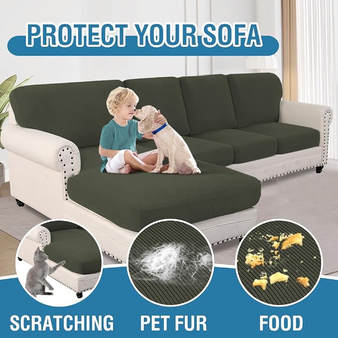 H.VERSAILTEX Sectional Couch Covers 4 Pieces Sofa Seat Cushion Covers L Shape Separate Cushion Couch Chaise Cover for Both Left/Right Sectional Couch (Seat Only: 1 Chaise + 3 Sofa, Olive) - Image 7