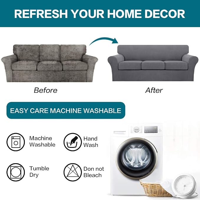 Turquoize 4 Piece Sofa Covers for 3 Cushion Couch Sofa Slipcover Soft Couch Cover for Dogs-Washable Sofa Furniture Covers with 3 Individual Large Cushion Covers, Feature Thick Fabric (XL Sofa, Gray) - Image 7