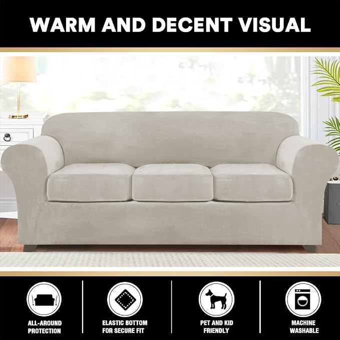 PrinceDeco Velvet Couch Covers for Sofa Soft 4 Pieces Couch Covers for 3 Cushion Couch Sofa Pet Friendly Furniture Protector with Non Slip Elastic Bottom Width Up to 90 Inch(Large, Oatmeal) - Image 8