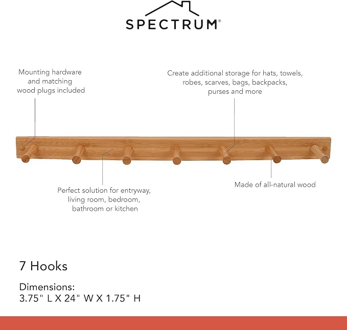 Spectrum 7 Peg Wall Mount Peg Rack Wooden Storage Organizer for Coats Hats Purses Towels, Includes Mounting Hardware and Decorative Plugs, Tie Rack Hanger Belt Holder Closet Accessory, Bamboo Color - Image 6