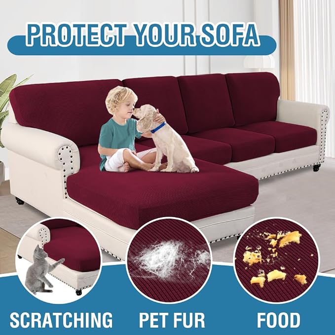H.VERSAILTEX Sectional Couch Covers 8 Pieces Stretch Sofa Covers for Sectional Sofa Set Separate L Shaped Couch Cover for Both Left/Right Couch (Seat and Back: 1 Chaise + 3 Sofa, Burgundy) - Image 7