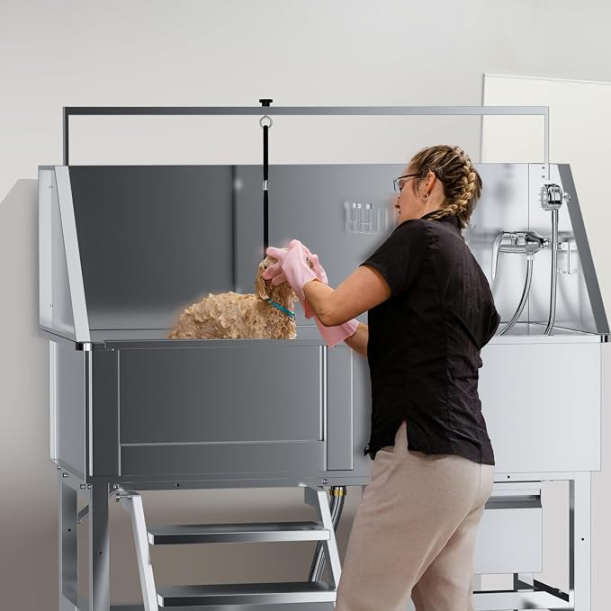 46" Dog Washing Station, Professional Stainless Steel Dog Bathtub w/Ramp & Storage Drawer, Adjustable Grate, Non-Slip Design, Perfect for Home Grooming & Large Dogs (46" Left Stair) - Image 7